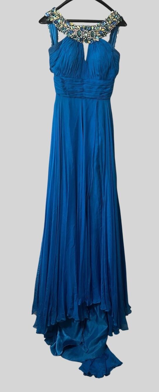 Mac Duggal Formal Evening Gown Sz 4 Crystal Neckline Breakaway Chiffon Blue 4482